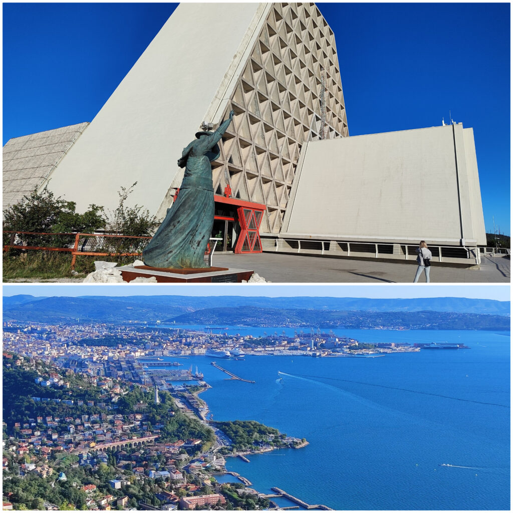 Zgoraj: svetišče na Vejni (Monte Grisa); Spodaj: pogled na Trst
